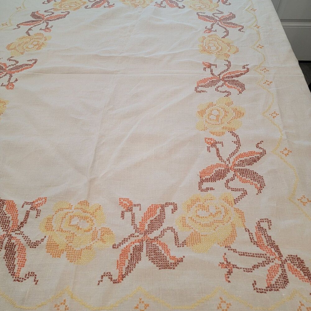 Vintage Linen White and Multicolor Tablecloth 84" x 69" - Picture 3 of 7
